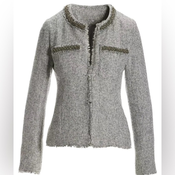 Boston Proper Crystal Trim Collarless Tweed Jacket frayed edges gray silver 6 - Picture 3 of 14